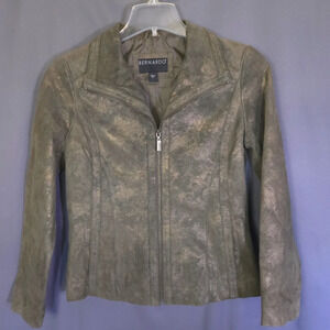 Bernardo Leather Moto‎ Jacket Size Medium Green and Gold
